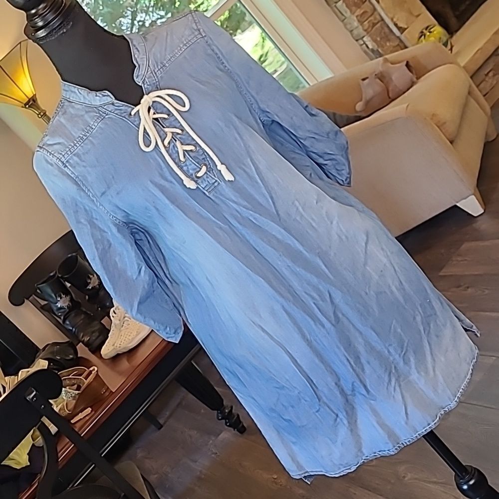 Twelve Blue Bamboo/Cotton Blend Quarter Sleeve Tie Front Mini Dress